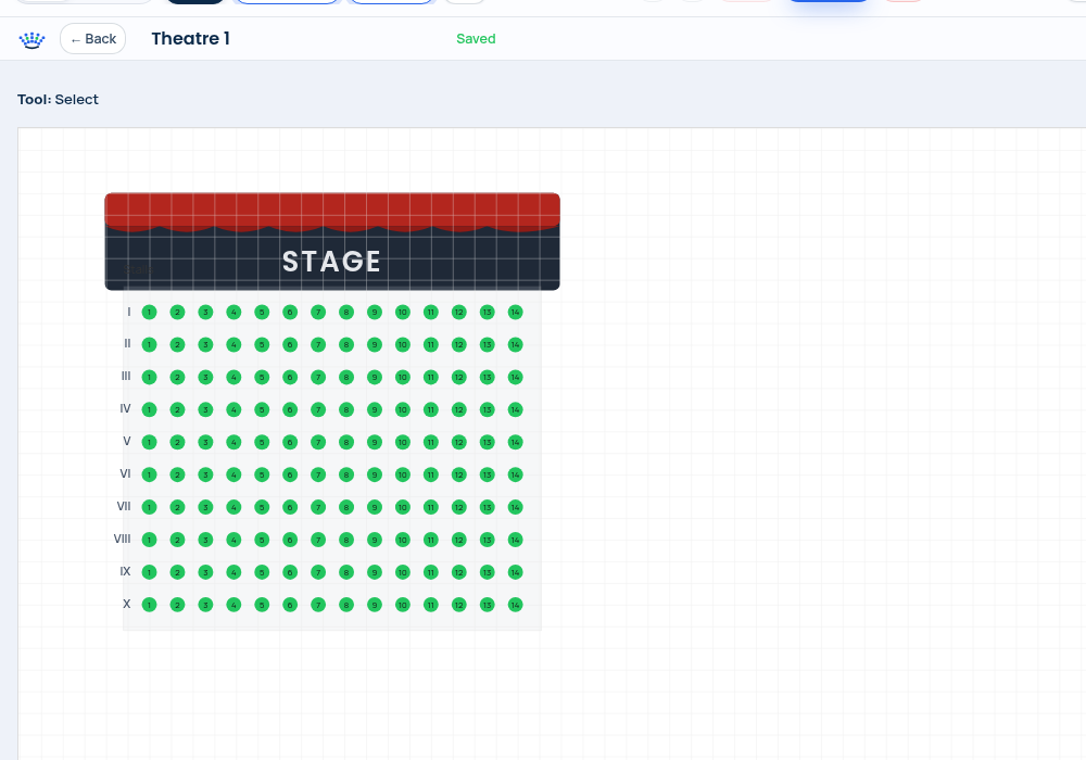 A theatre seating plan with the stage and roman-numbered rows, ready to export